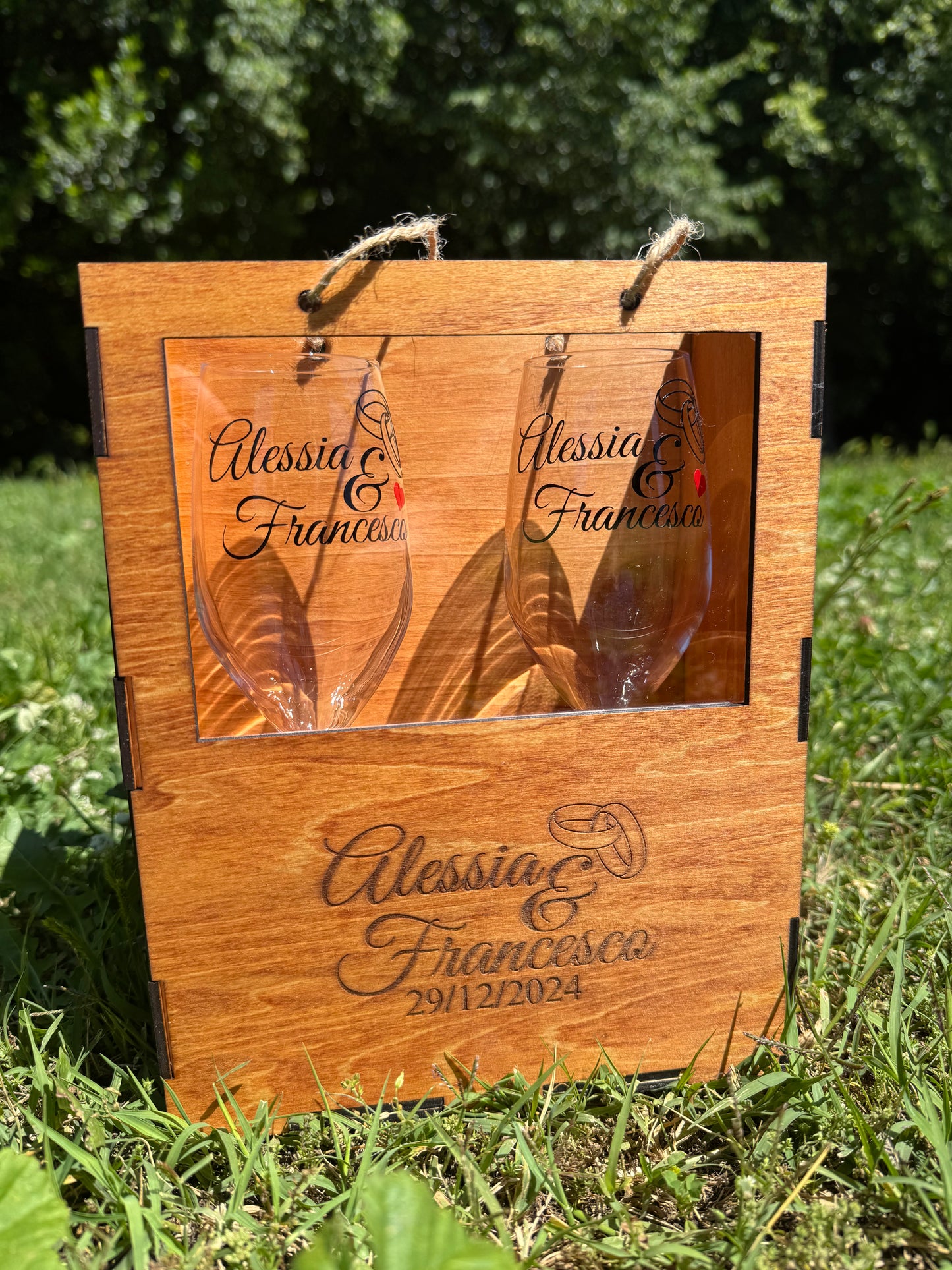 Scatola in legno personalizzata + set di flûte personalizzati | Idea regalo per gli sposi